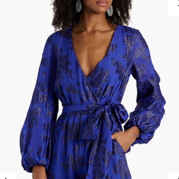 NWT ML Monique Lhuilier Belted Metallic Fil Coupe Silk Blend Wide Leg Jumpsuit 2 - Picture 5 of 16